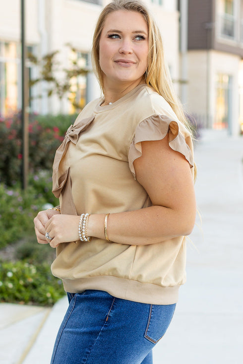Southern Belle Bow Applique Ruffled Short Sleeve Blouse