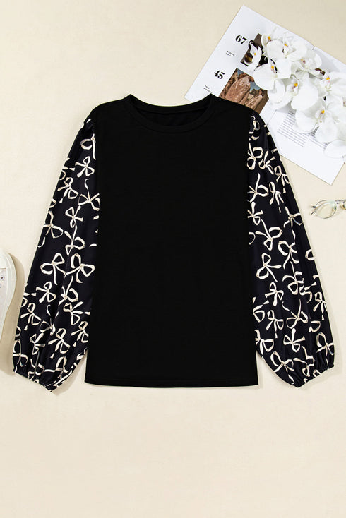 Southern Belle Bow Knot Patchwork Crewneck Plus Size Blouse