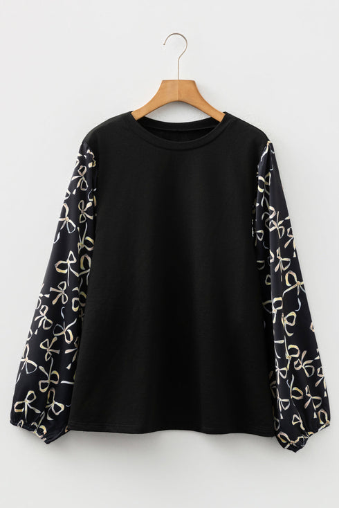 Southern Belle Bow Knot Patchwork Crewneck Plus Size Blouse