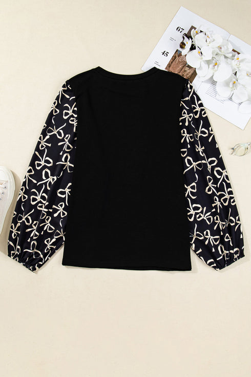 Southern Belle Bow Knot Patchwork Crewneck Plus Size Blouse