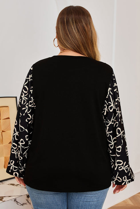 Southern Belle Bow Knot Patchwork Crewneck Plus Size Blouse