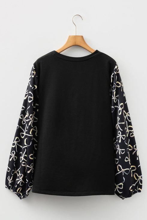 Southern Belle Bow Knot Patchwork Crewneck Plus Size Blouse