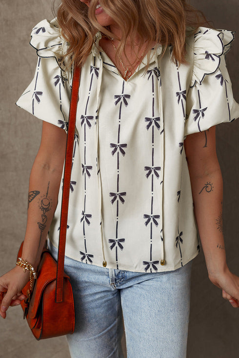Southern Belle Bow Print Ruffled Puff Sleeve Blouse