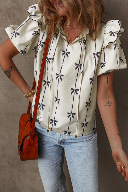 Southern Belle Bow Print Ruffled Puff Sleeve Blouse