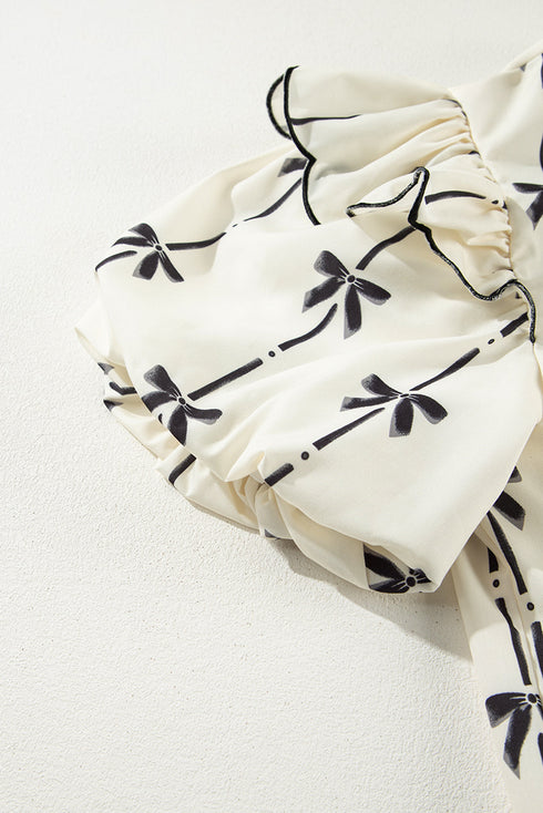 Southern Belle Bow Print Ruffled Puff Sleeve Blouse