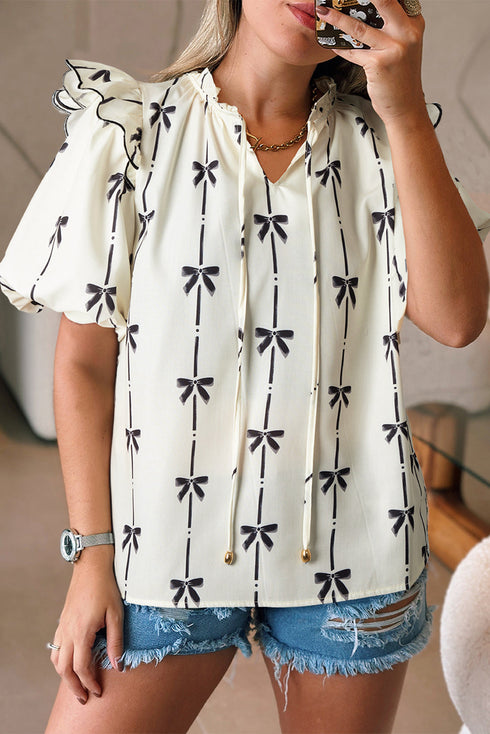 Southern Belle Bow Print Ruffled Puff Sleeve Blouse