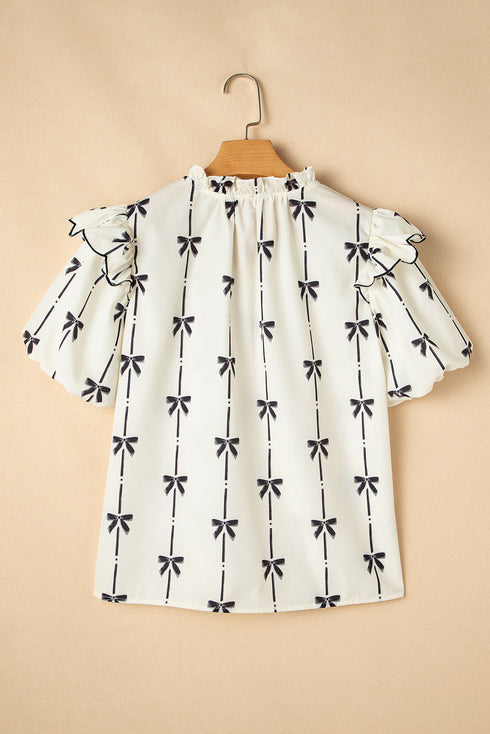 Southern Belle Bow Print Ruffled Puff Sleeve Blouse
