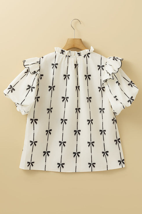 Southern Belle Bow Print Ruffled Puff Sleeve Blouse