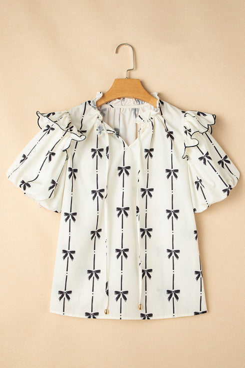 Southern Belle Bow Print Ruffled Puff Sleeve Blouse