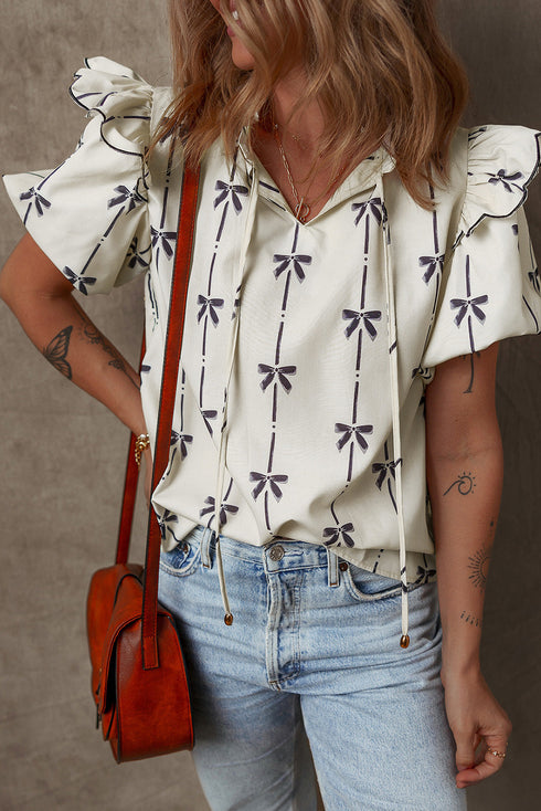 Southern Belle Bow Print Ruffled Puff Sleeve Blouse
