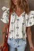 Southern Belle Bow Print Ruffled Puff Sleeve Blouse