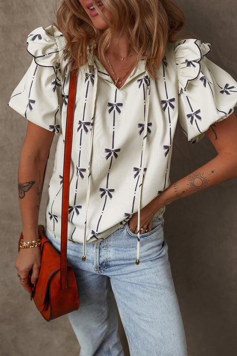 Southern Belle Bow Print Ruffled Puff Sleeve Blouse