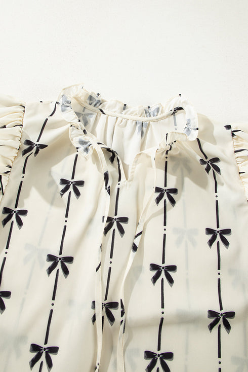 Southern Belle Bow Print Ruffled Puff Sleeve Blouse