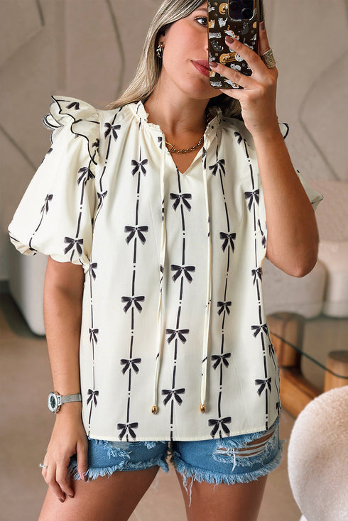 Southern Belle Bow Print Ruffled Puff Sleeve Blouse