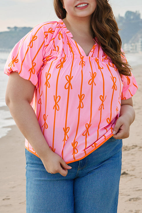 Southern Belle Bow Print Shirred Puff Sleeve Blouse