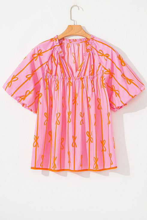 Southern Belle Bow Print Shirred Puff Sleeve Blouse