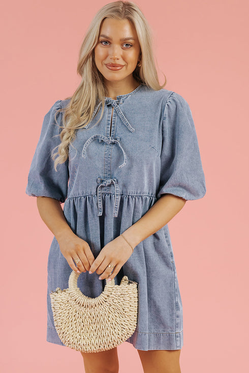 Southern Belle Bowknot Bubble Sleeve Denim Mini Dress