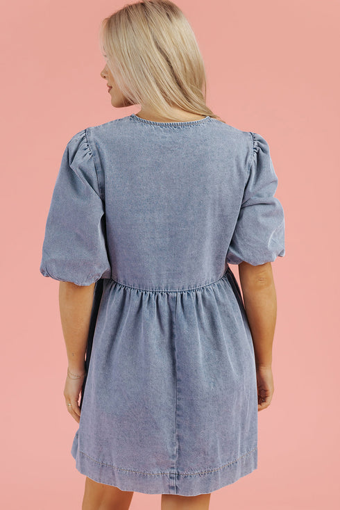 Southern Belle Bowknot Bubble Sleeve Denim Mini Dress