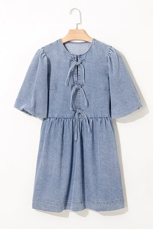 Southern Belle Bowknot Bubble Sleeve Denim Mini Dress