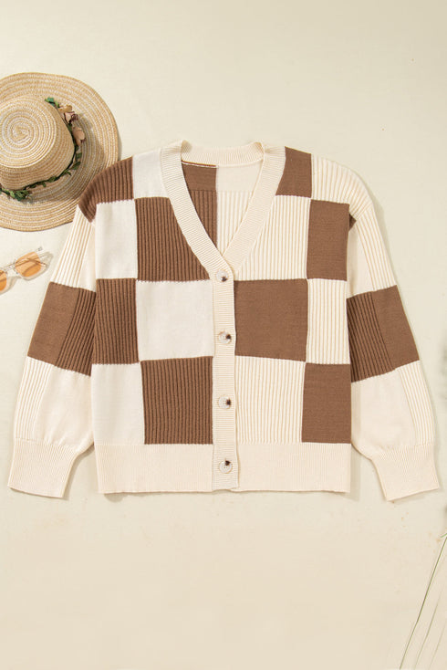 Southern Belle Checkered Print Ribbed Knit Cardigan