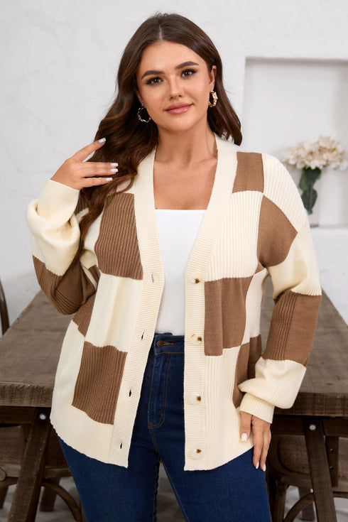 Southern Belle Checkered Print Ribbed Knit Cardigan