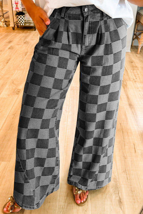 Southern Belle Checkered Print Wide Leg Denim Jeans