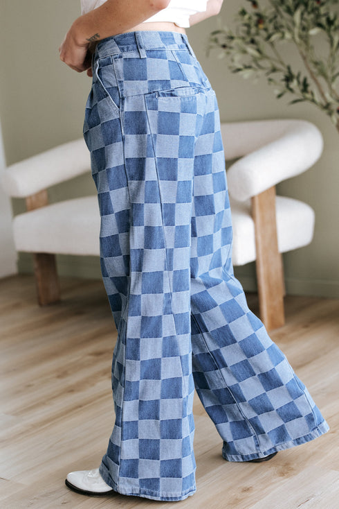 Southern Belle Checkered Print Wide Leg Denim Jeans