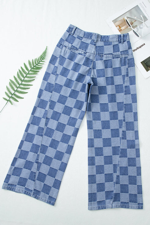 Southern Belle Checkered Print Wide Leg Denim Jeans