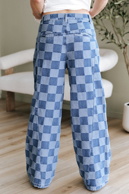 Southern Belle Checkered Print Wide Leg Denim Jeans