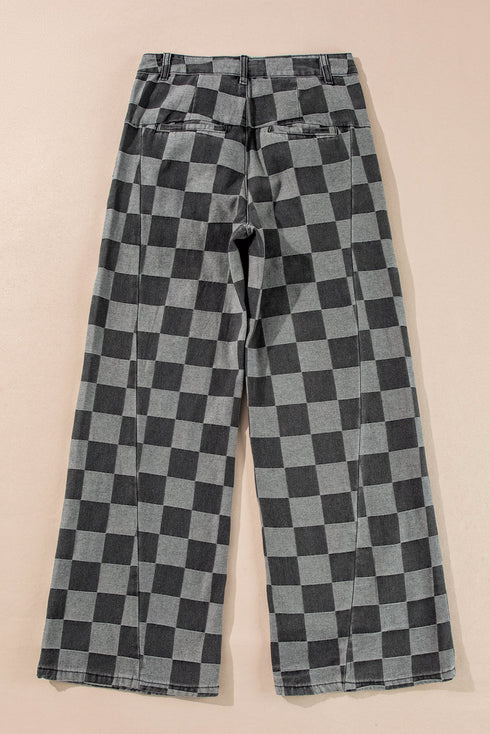 Southern Belle Checkered Print Wide Leg Denim Jeans