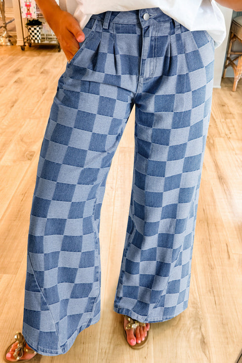 Southern Belle Checkered Print Wide Leg Denim Jeans