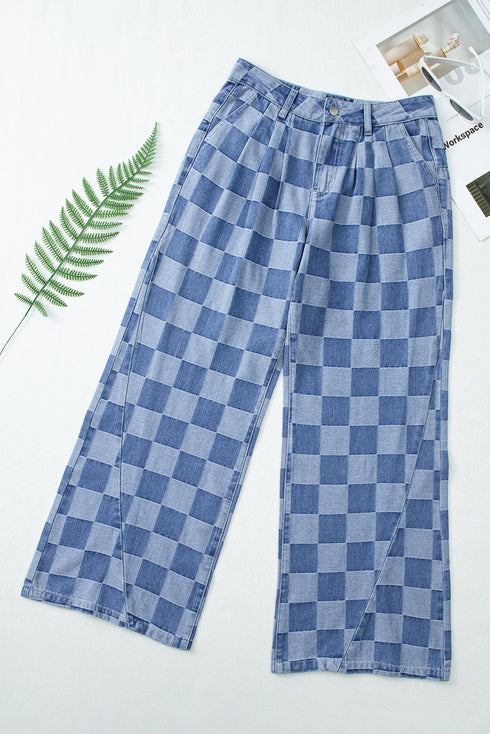 Southern Belle Checkered Print Wide Leg Denim Jeans
