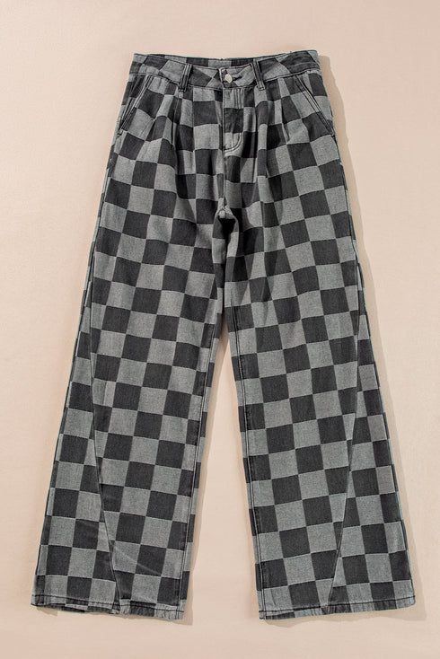 Southern Belle Checkered Print Wide Leg Denim Jeans