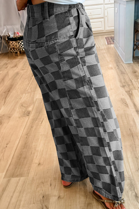 Southern Belle Checkered Print Wide Leg Denim Jeans
