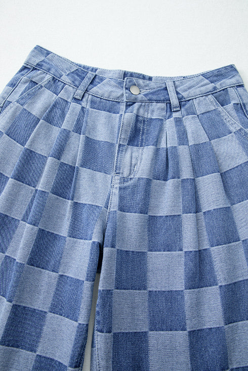 Southern Belle Checkered Print Wide Leg Denim Jeans