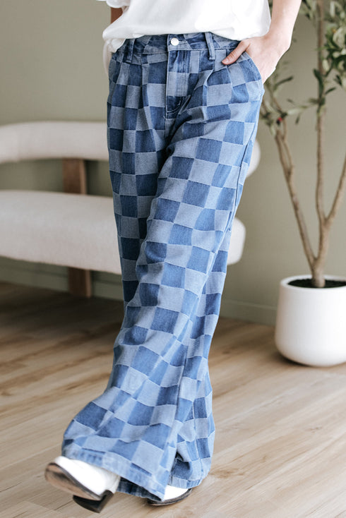 Southern Belle Checkered Print Wide Leg Denim Jeans