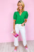 Southern Belle Colorful Trim V-Neck Puff Sleeve Blouse