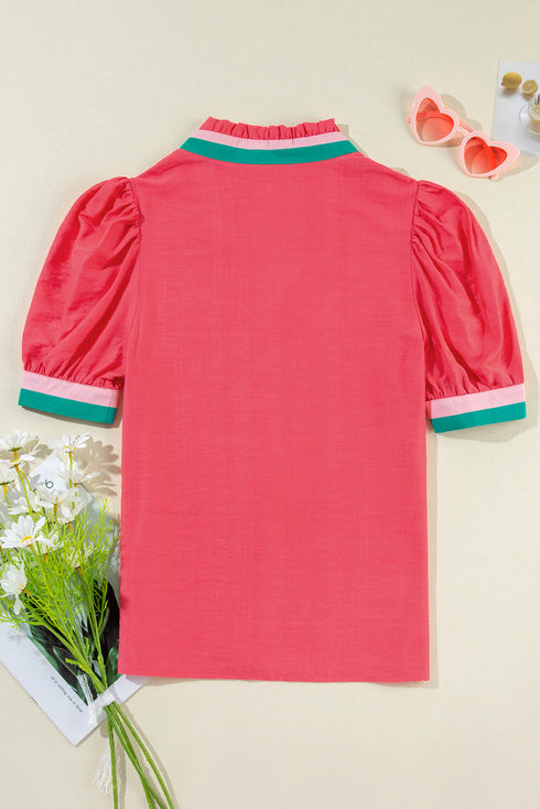 Southern Belle Colorful Trim V-Neck Puff Sleeve Blouse
