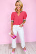 Southern Belle Colorful Trim V-Neck Puff Sleeve Blouse