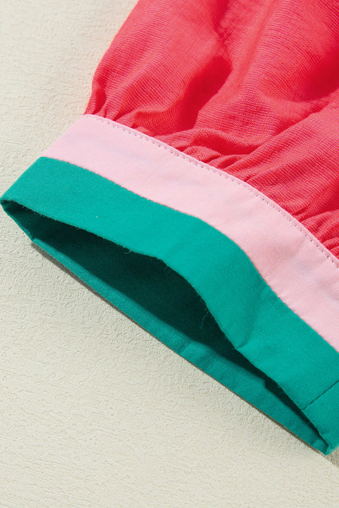 Southern Belle Colorful Trim V-Neck Puff Sleeve Blouse