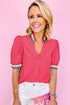 Southern Belle Colorful Trim V-Neck Puff Sleeve Blouse