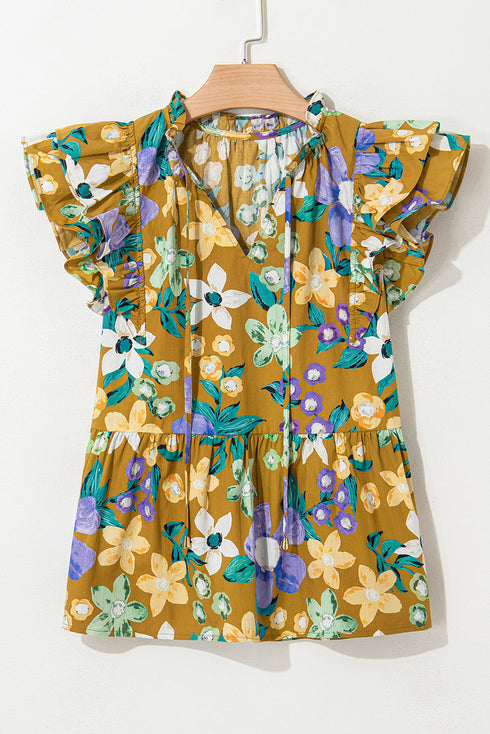Southern Belle Floral Flutter Sleeve Tiered Blouse