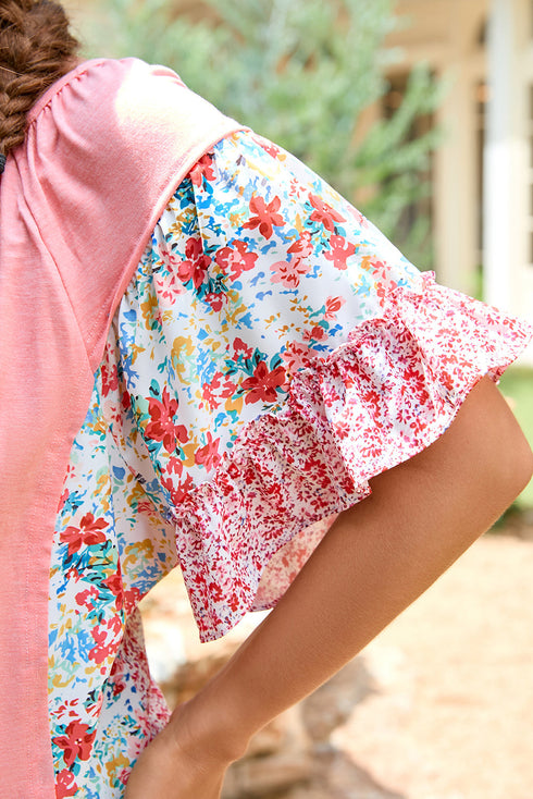 Southern Belle Floral Patchwork Ruffle Sleeve Blouse