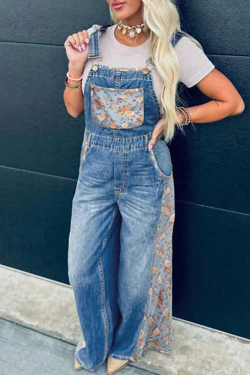 Southern Belle Floral Patchwork Wide Leg Denim Jumpsuit