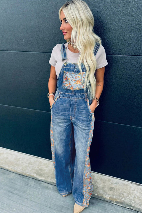 Southern Belle Floral Patchwork Wide Leg Denim Jumpsuit