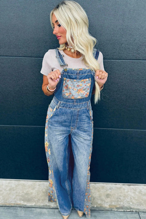 Southern Belle Floral Patchwork Wide Leg Denim Jumpsuit