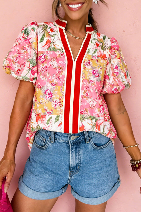 Southern Belle Floral Print Collared Short Sleeve Blouse