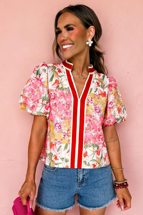 Southern Belle Floral Print Collared Short Sleeve Blouse