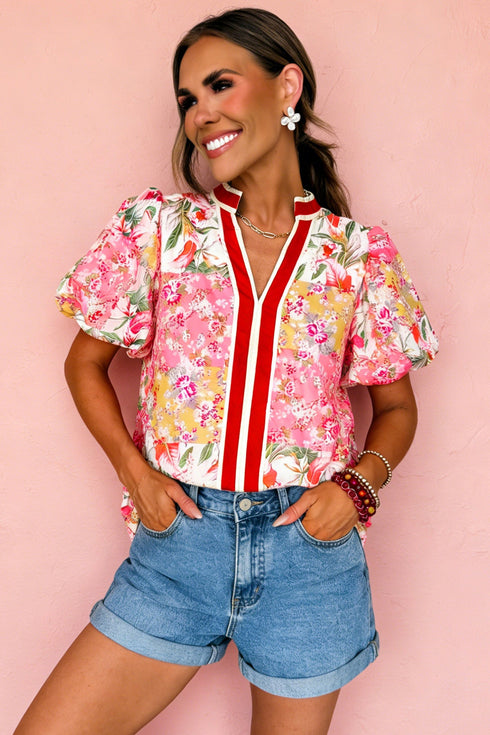 Southern Belle Floral Print Collared Short Sleeve Blouse