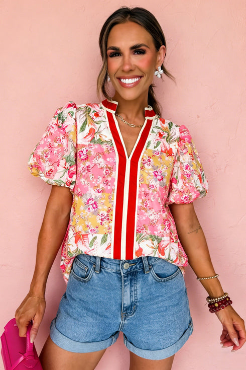 Southern Belle Floral Print Collared Short Sleeve Blouse